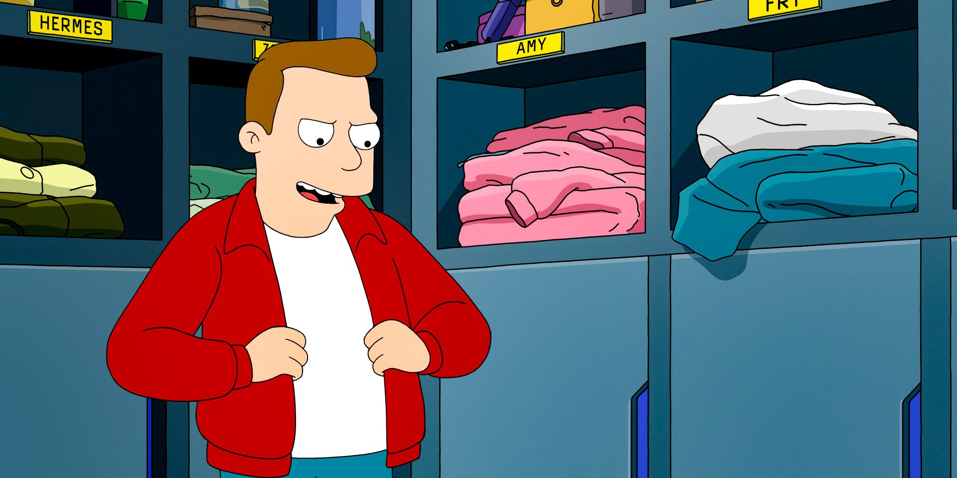 Frank usando as roupas de Fry para fingir ser ele em Futurama Temporada 12 Episódio 3