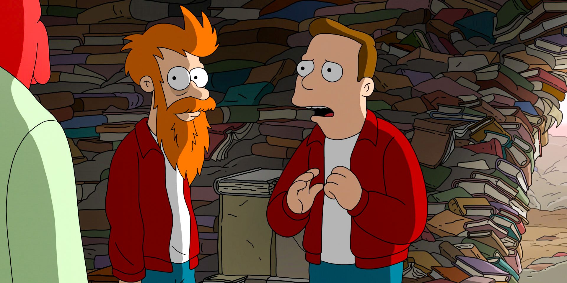 On planet Dalton-B, bearded Fry and Frank, who is pretending to be Fry in Futurama Season 12 Episode 3