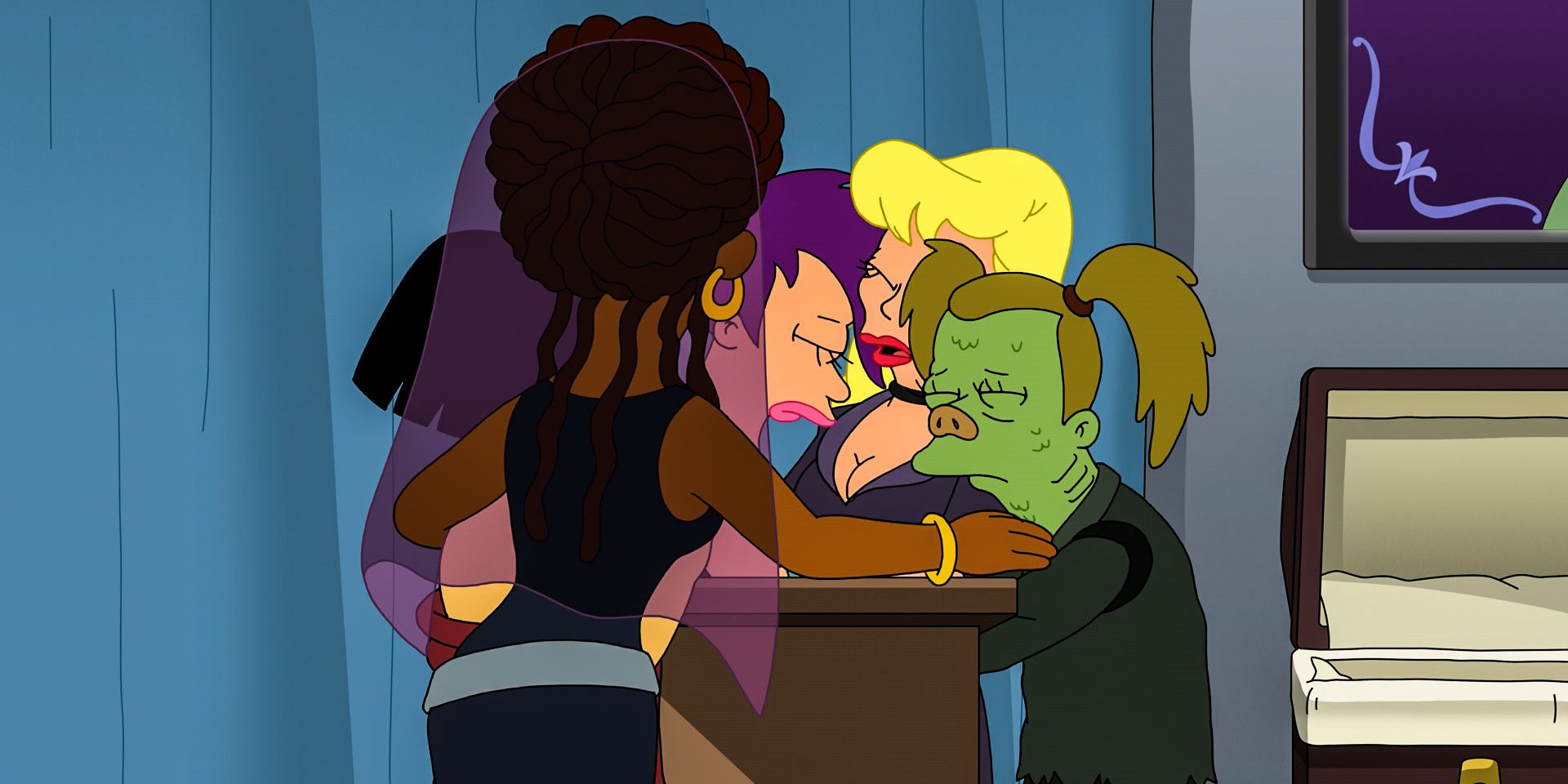 LeBarbara, Amy, Lauren y Violet abrazan y consuelan a Leela en Futurama Temporada 12 Episodio 5