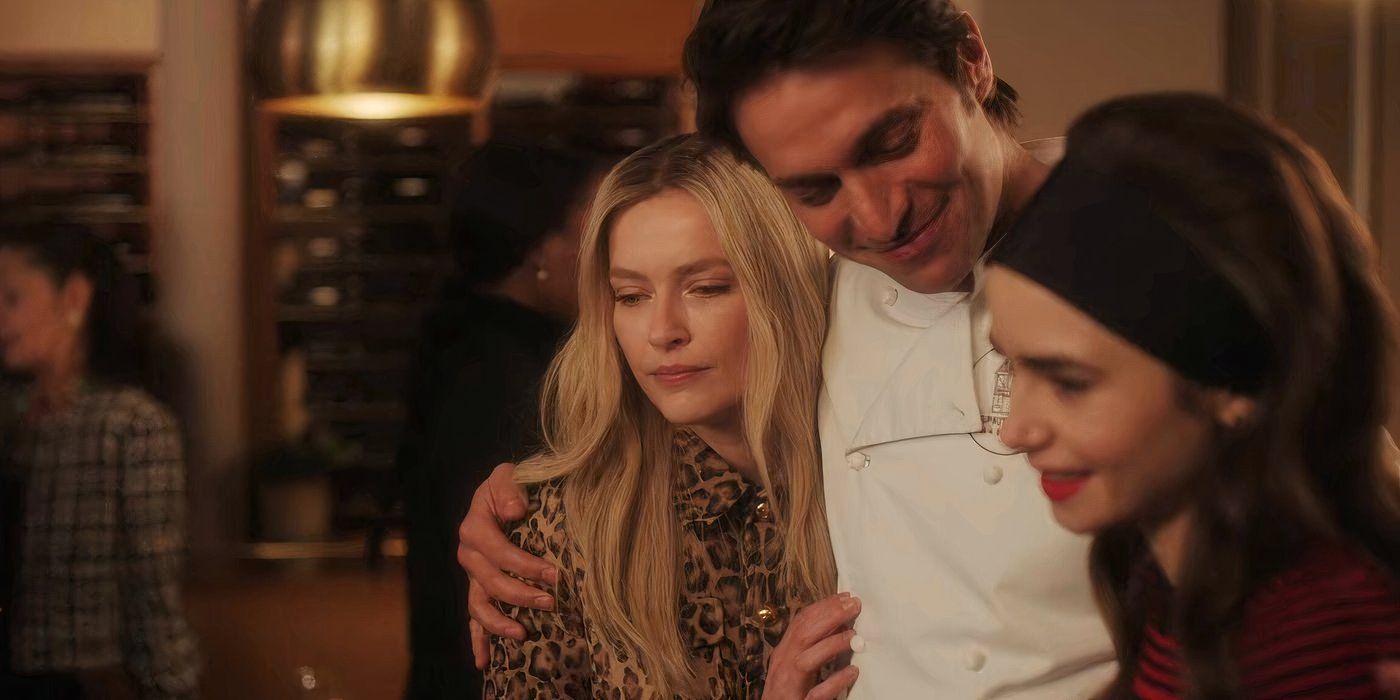 Gabriel hugs Emily and Camille, who is upset about not having a baby in Emily in Paris season 4, part 1