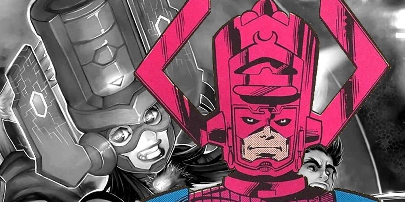 Galactus overlaying an image of his smiling daughter, Galacta