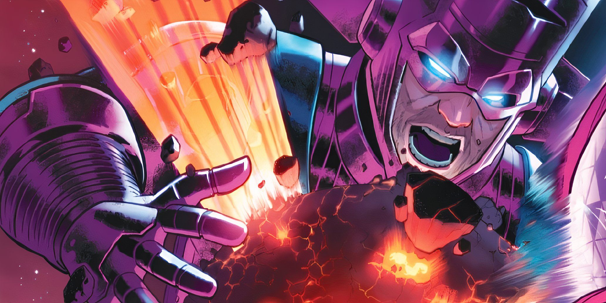 Comic book art: Galactus consumes a planet to satiate his infinite hunger.