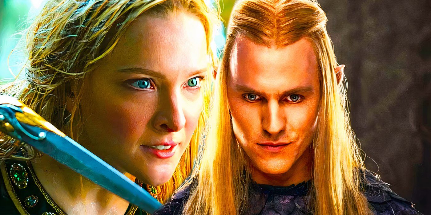 Galadriel looks angry and aims a knife next to Sauron, who is disguised as Annatar and facing forward, in The Lord of the Rings: The Rings of Power