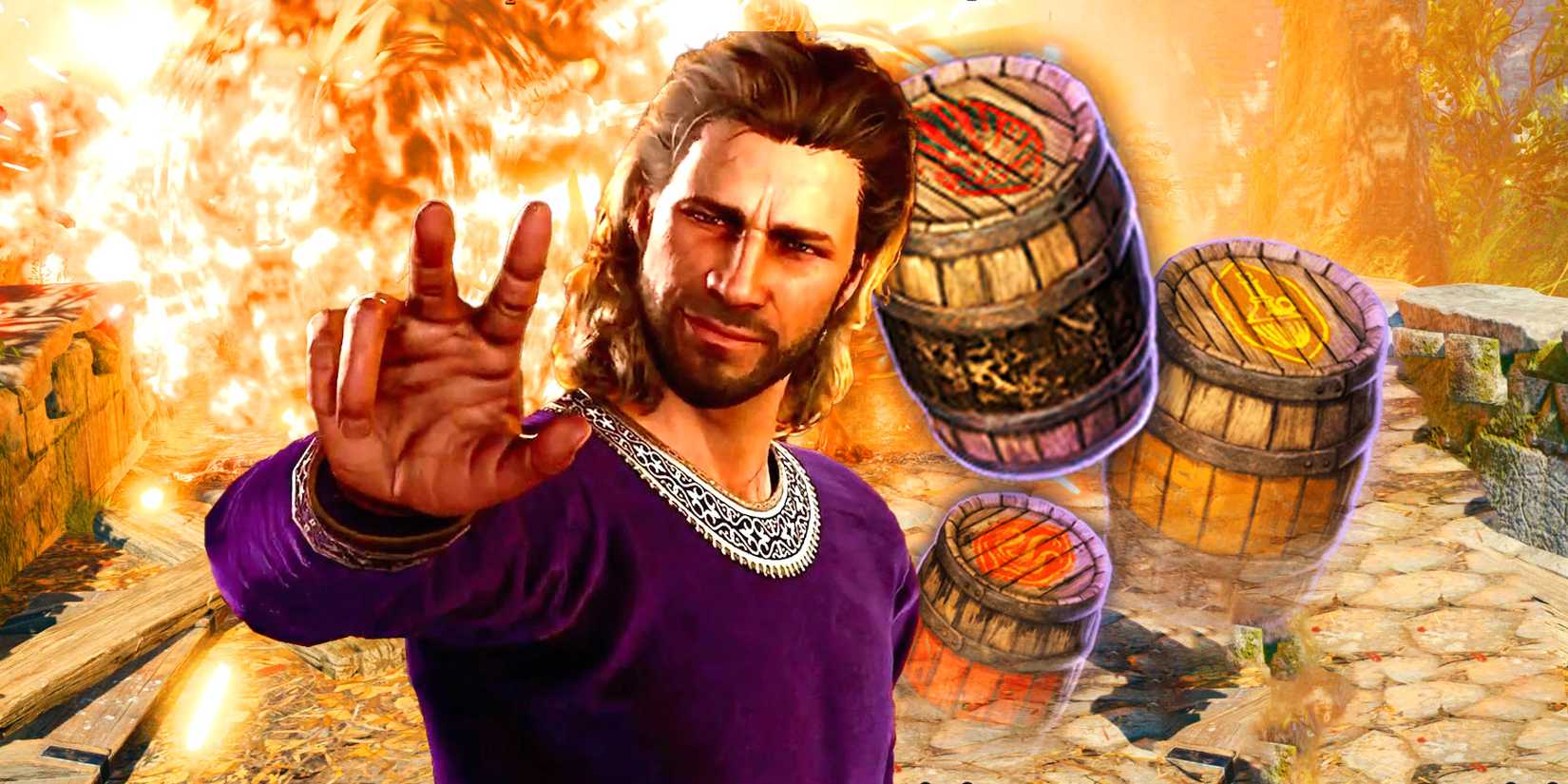Gale with explosion and barrels in Baldur's Gate 3.