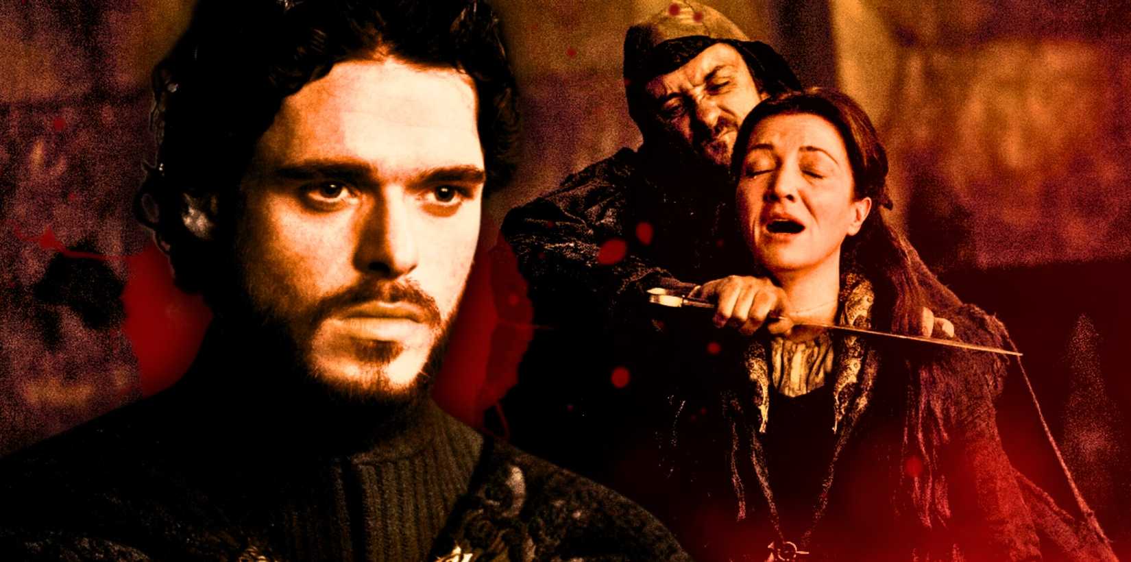 Robb Stark looking stern with an image of Catelyn Stark's throat being cut at the Red Wedding in Game of Thrones