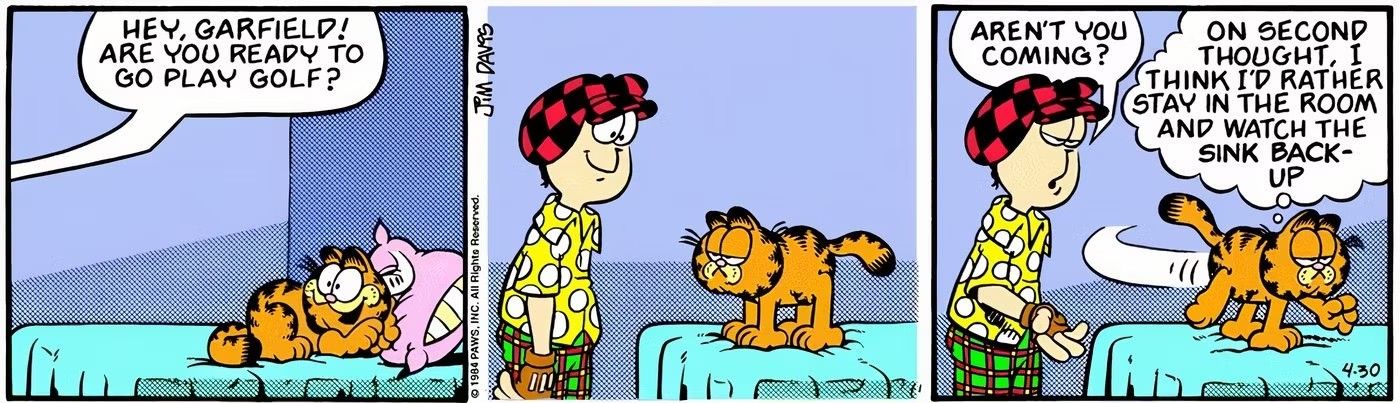 Garfield refusing to play golf with Jon because of Jon's ridiculous outfit.