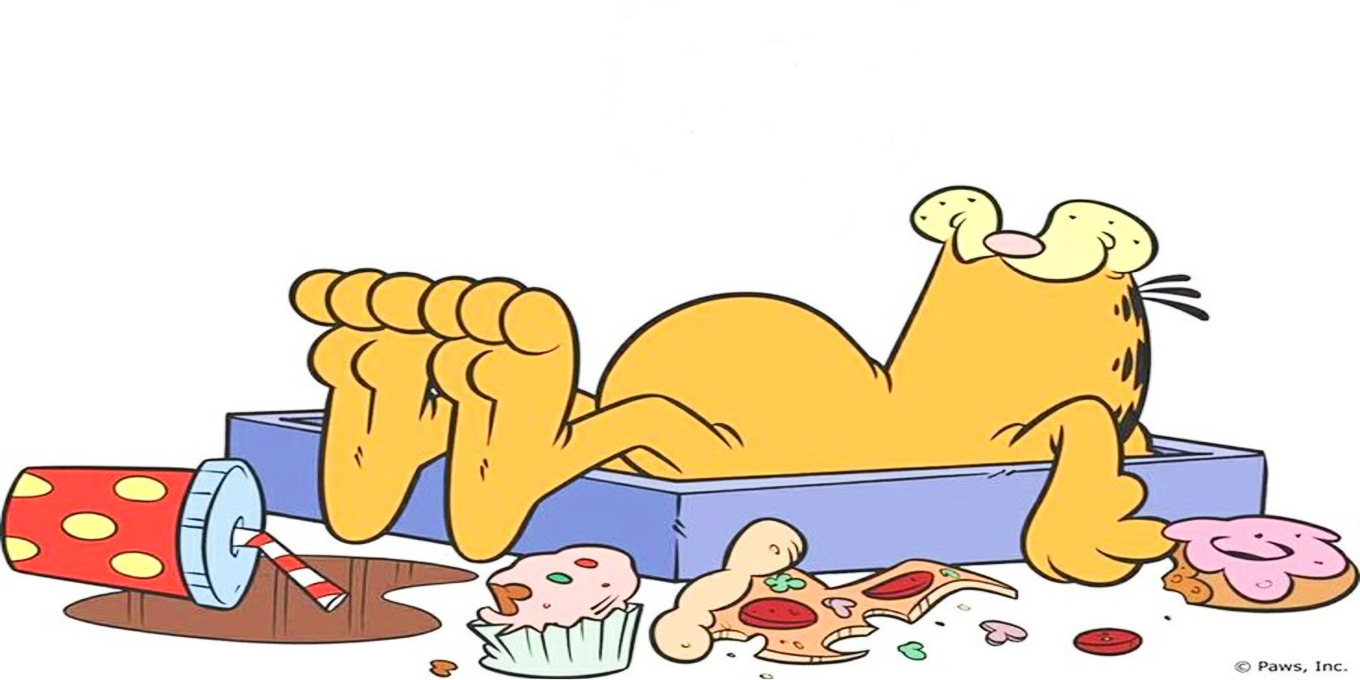 Garfield, lying back full and happy, surrounded by half eaten junk food, including pizza, donuts, & spilled soda.