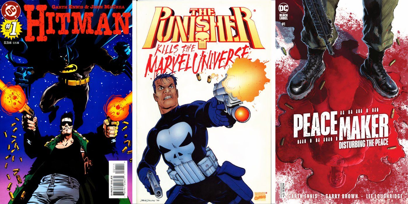 Garth Ennis comics: Hitman, Punisher Kills the Marvel Universe, and Peacemaker: Disturbing the Peace.