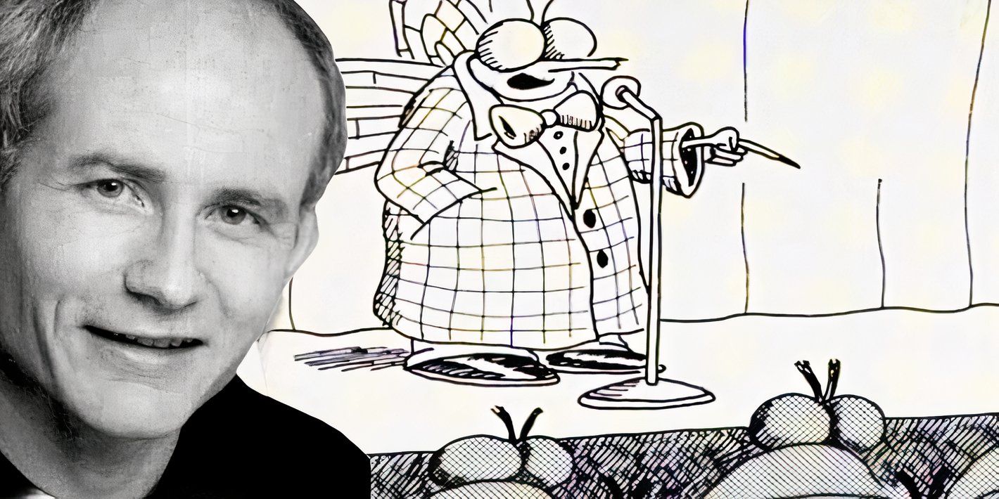 Gary Larson (left) and a Far Side illustration of a fly doing stand-up (right)