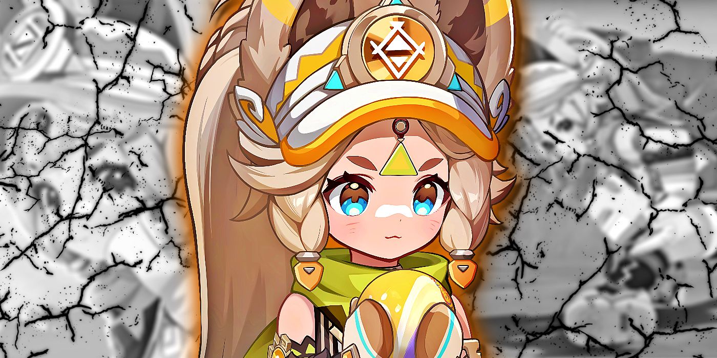 Genshin Impact's Kachina holds a ball in her hand, with cracks over black and white images of herself in the background.