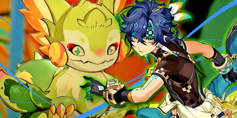 Genshin Impact's Kinich poses next to a Yumkasaurus.