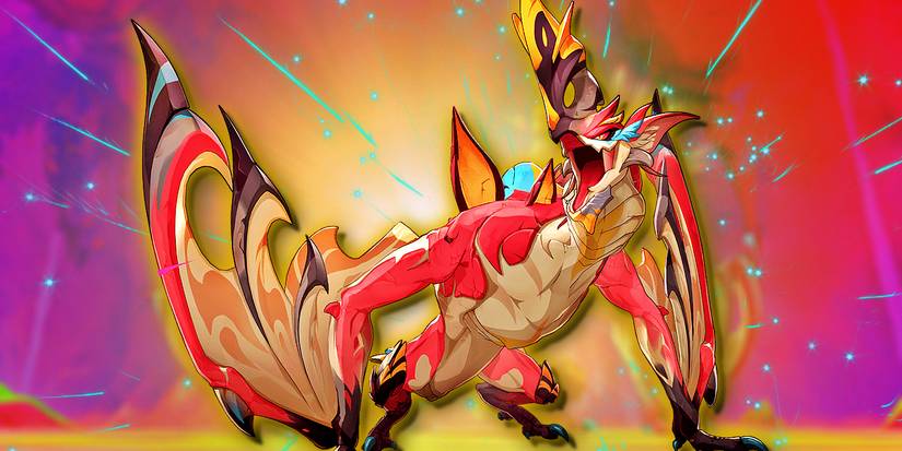 Genshin Impact's Goldflame Qucusaur Tyrant boss roars against a colorful background.