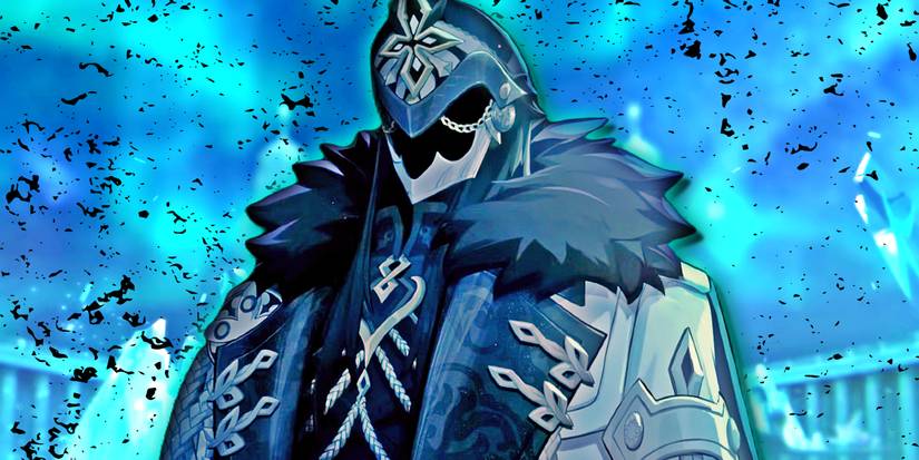 Genshin Impact's Capitano poses seriously in front of an icy castle in Snezhnaya.