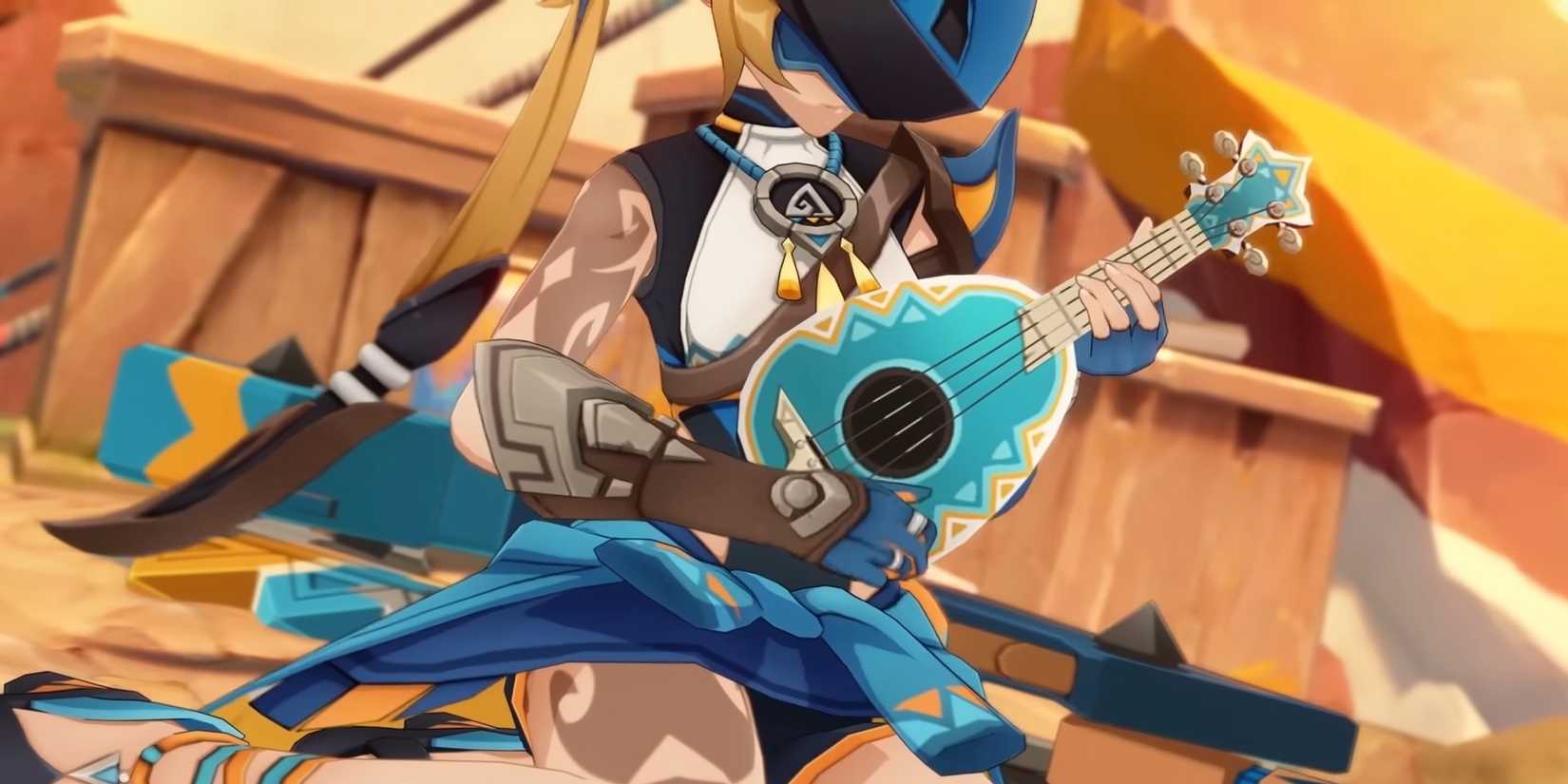 A Genshin Impact Sauroform Tribal Warrior plays their lute.
