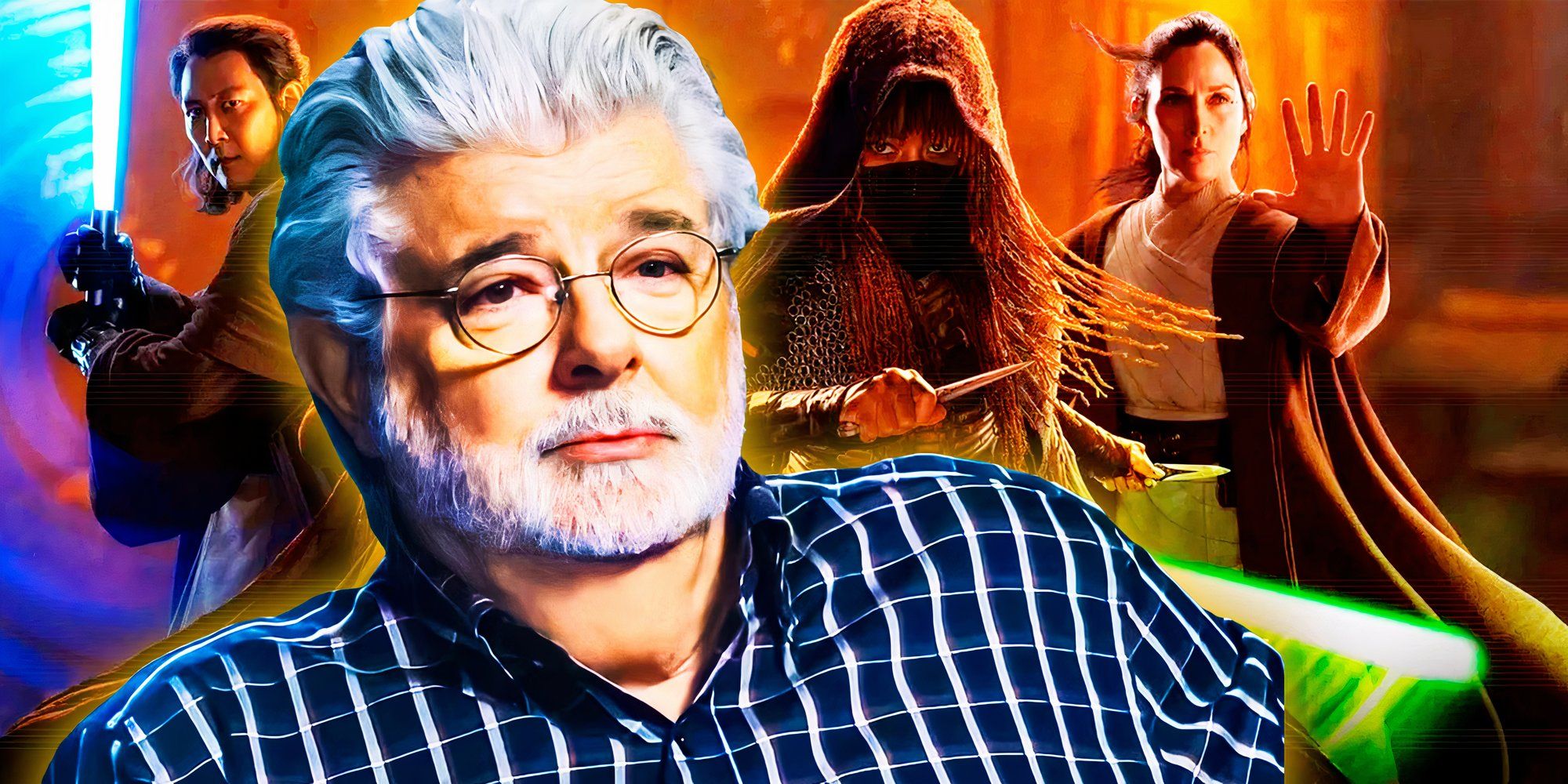 George Lucas, edited in front of The Acolyte posters of Master Sol (Lee Jung-jae), Mae (Amandla Stenberg), and Master Indara (Carrie-Anne Moss)