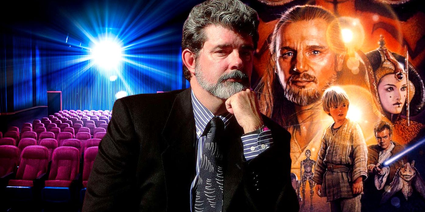 Esquerda: Um cinema vazio com o projetor brilhando ao fundo; Centro: George Lucas vestindo terno e gravata enquanto posa para uma foto; Direita: pôster de Star Wars: Episódio I - A Ameaça Fantasma.