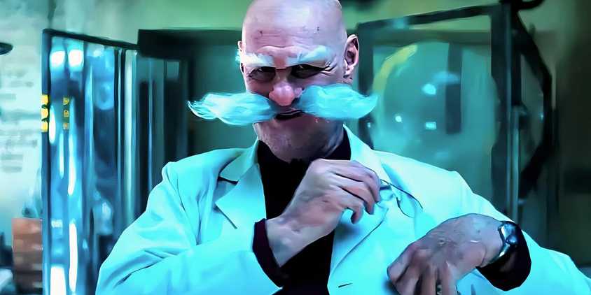Gerald Robotnik (Jim Carrey) takes off his glasses and looks smug in Sonic the Hedgehog 3