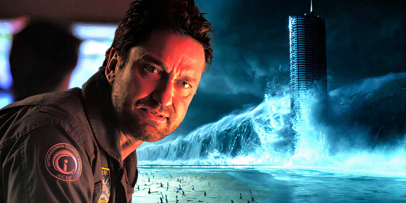 Gerard Butler as Jake looking scared and a tidal wave hitting a building in Geostorm