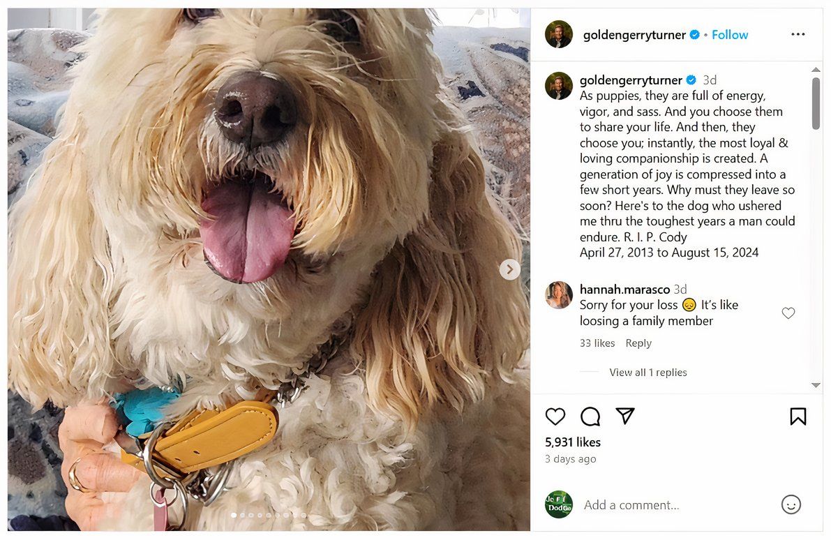 Postagem no Instagram da estrela de The Golden Bachelor, Gerry Turner, sobre o falecimento de seu cachorro