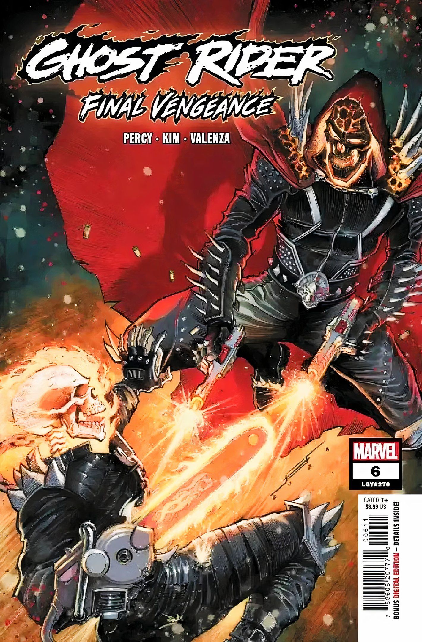 Ghost Rider: Final Vengeance #6 capa, Johnny Blaze tem um braço de serra elétrica em chamas, em uma batalha contra o Capuz.