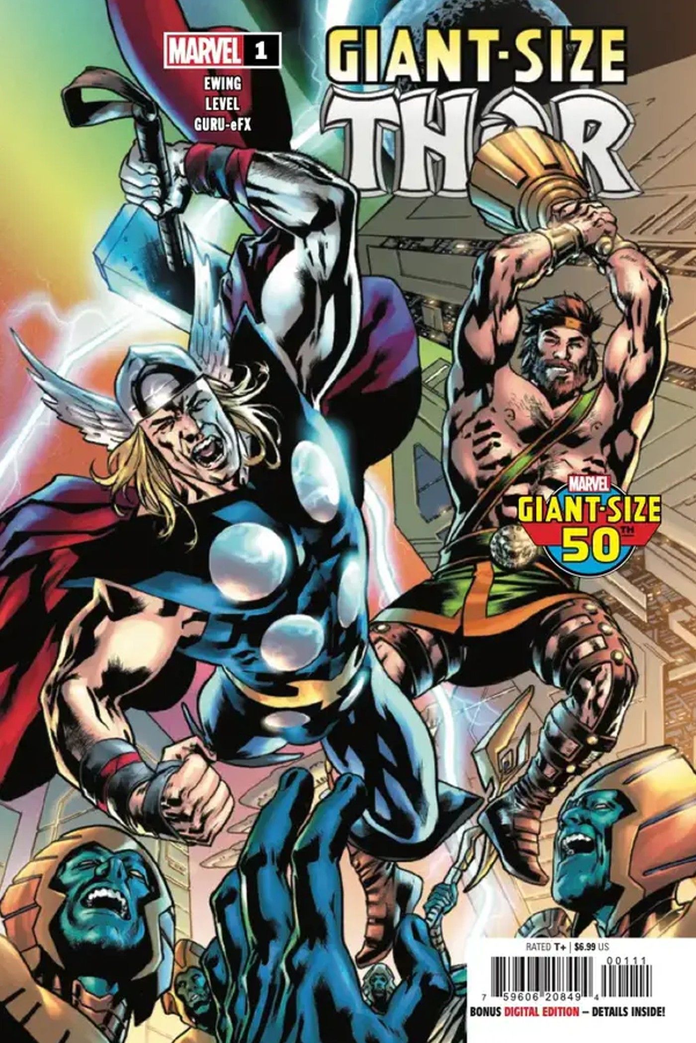 Capa da edição #1 do livro Giant-Sized Thor (2024), com Thor e Hércules entrando em batalha contra inimigos alienígenas.