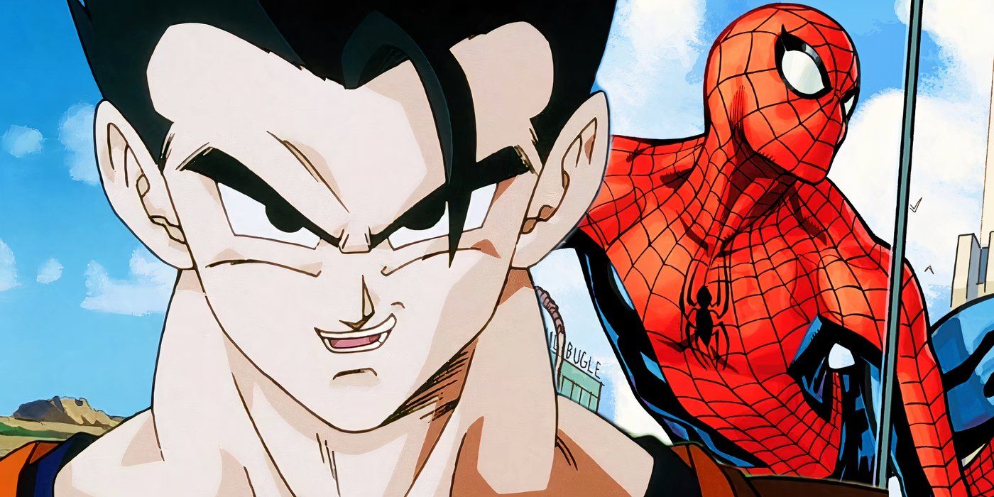 Gohan grins to the left and Spider-Man swings to the right