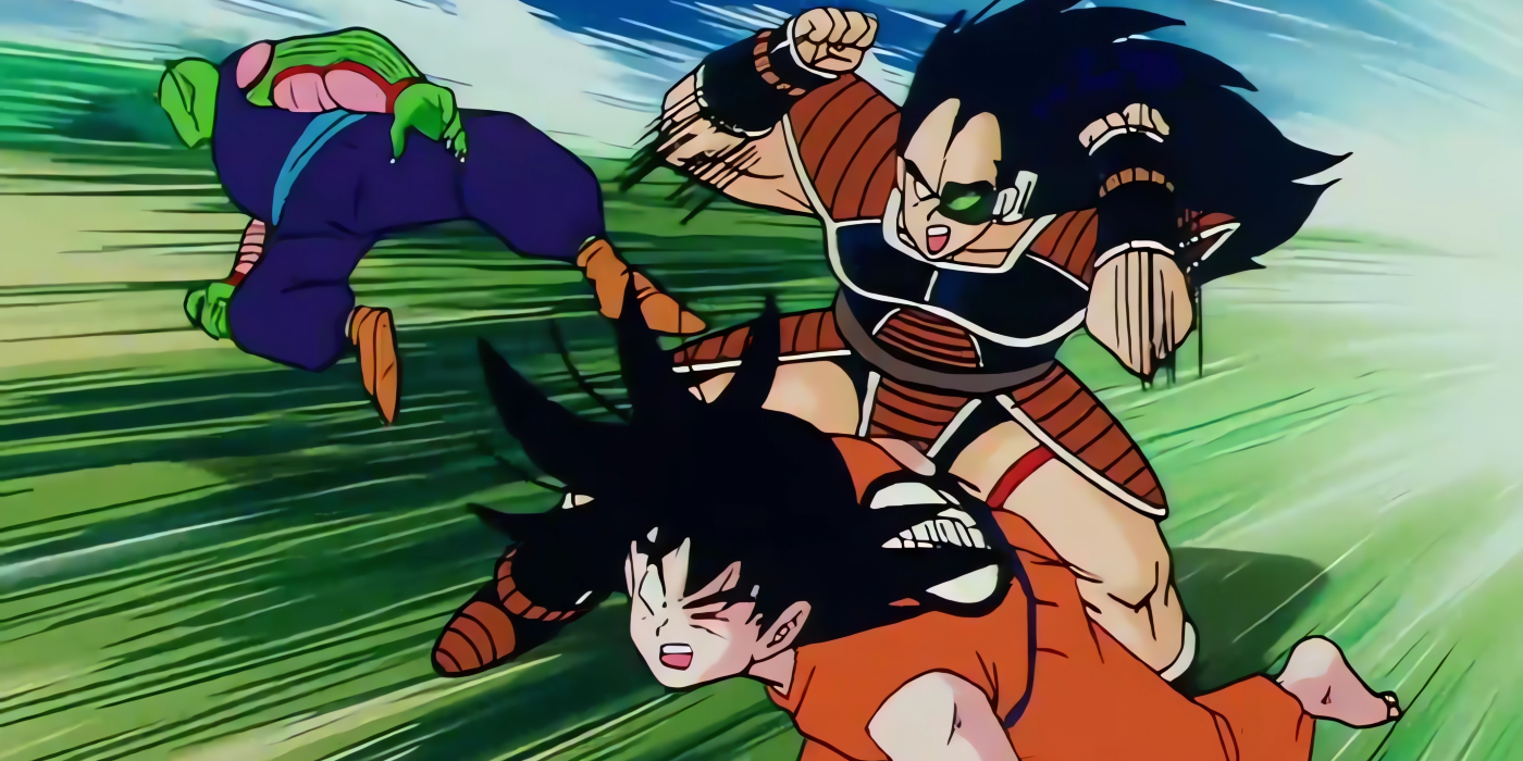 Goku and Piccolo fight Raditz to save Gohan during the first saga of Dragon Ball Z.