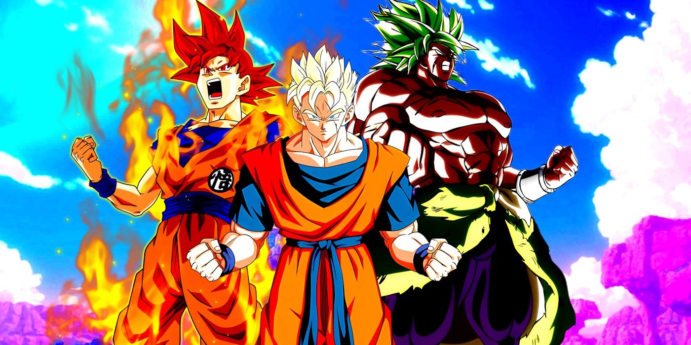 Goku, Broly, and Gohan powering up for a fight. They are standing in front of King Vegeta&rsquo;s palace.