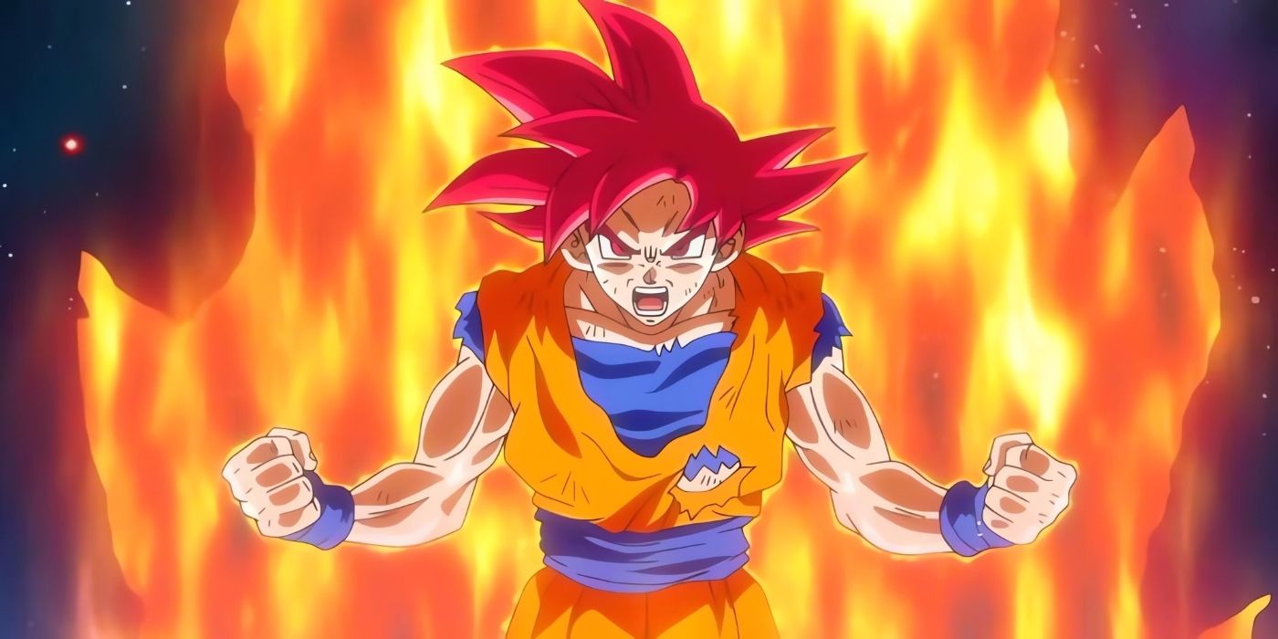 Goku powering up in his Super Saiyan God form. 