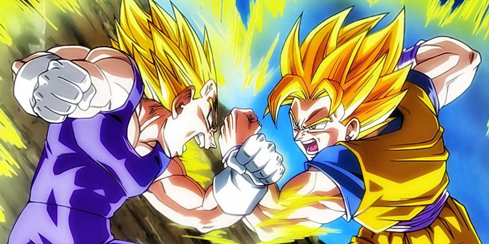 Goku and Vegeta throw punches at each other in Super Saiyan mode in Dragon Ball Z.