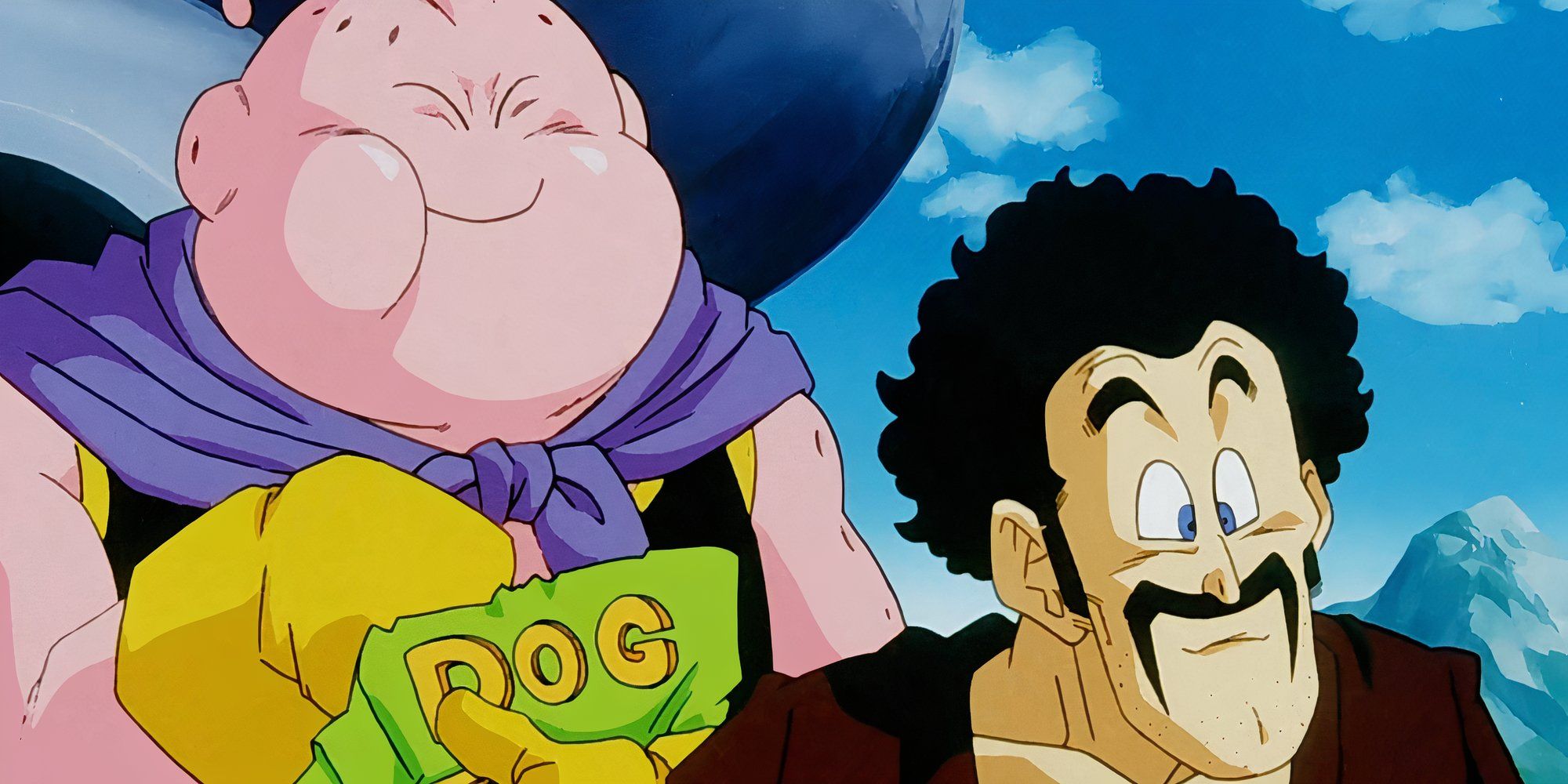 Dragon Ball Z Good Buu comendo comida de cachorro com o Sr. satanás.