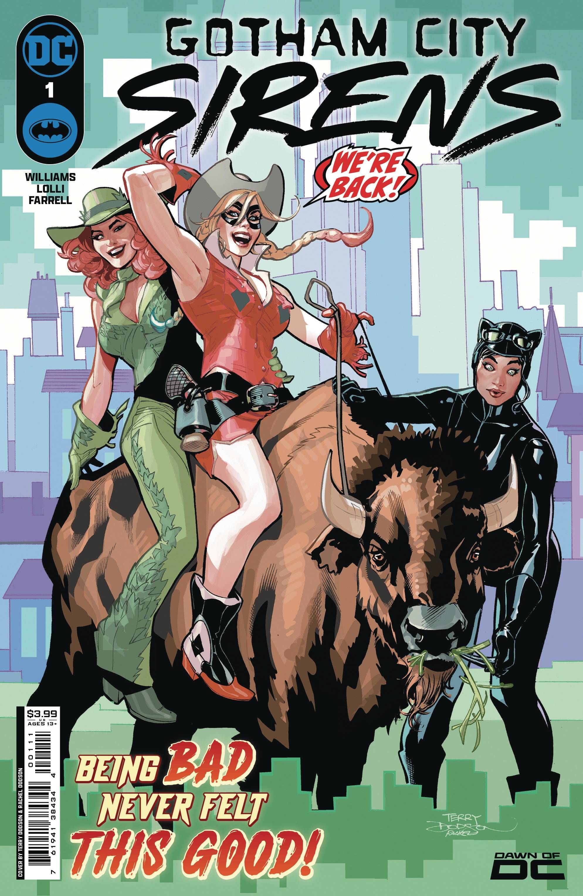 Gotham City Sirens 1 Capa principal: Hera Venenosa e Arlequina montam em um bisão com a ajuda da Mulher-Gato.