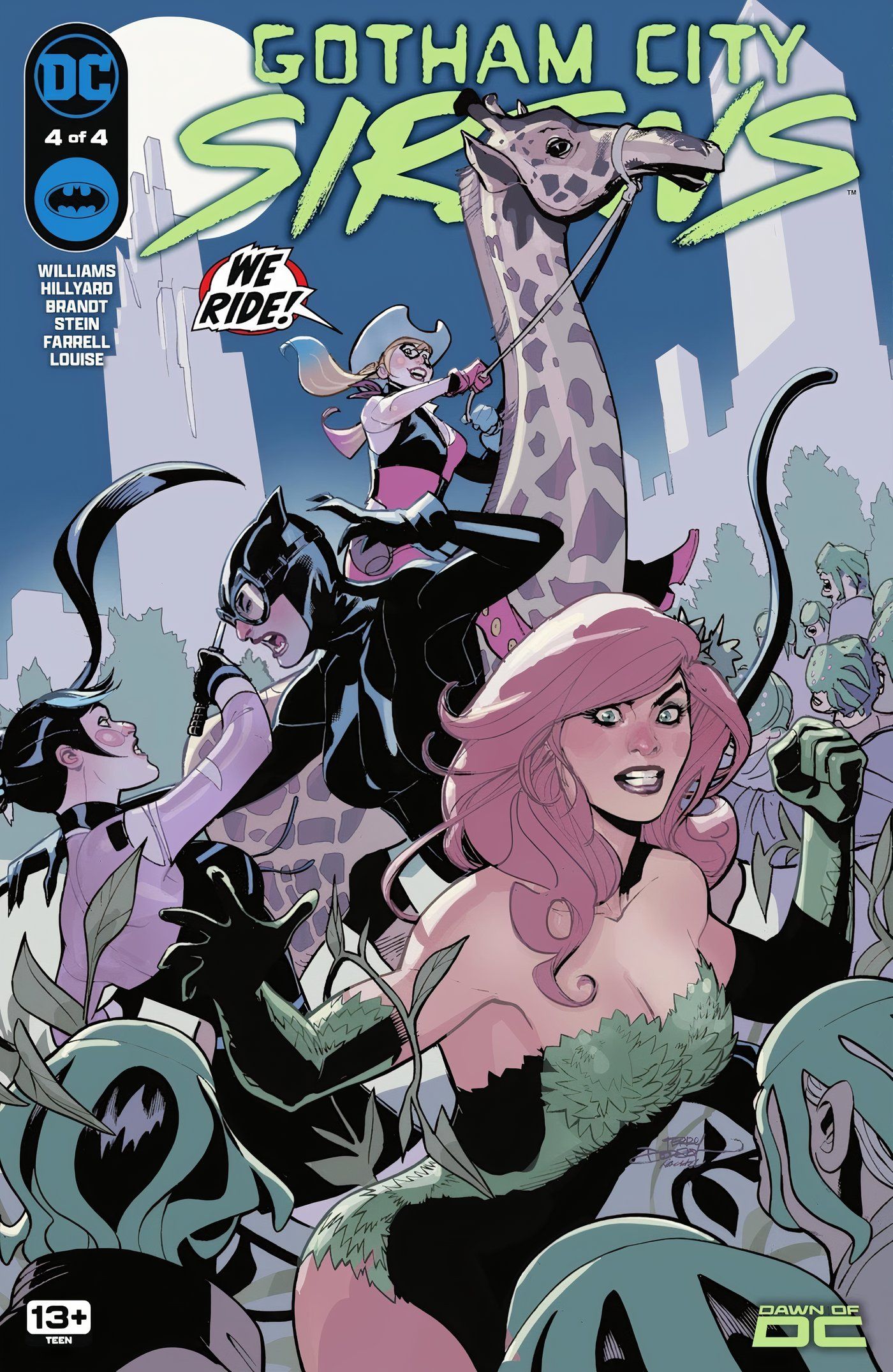 Harley Quinn, Catwoman e Poison Ivy lutam contra Punchline enquanto Harley monta uma girafa