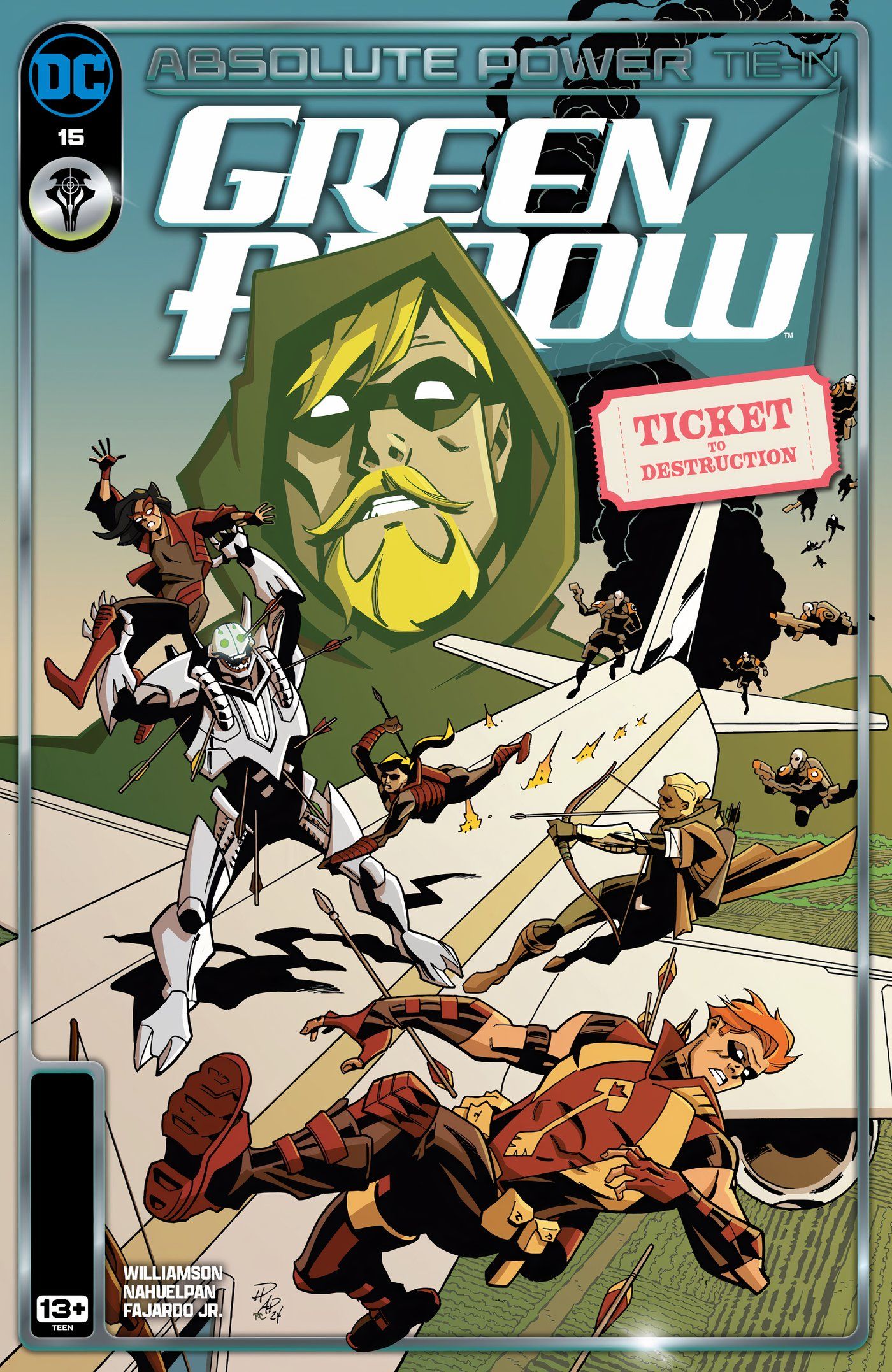 Green Arrow 15 Main Cover: The Arrow family fights enemies on top of a plane.