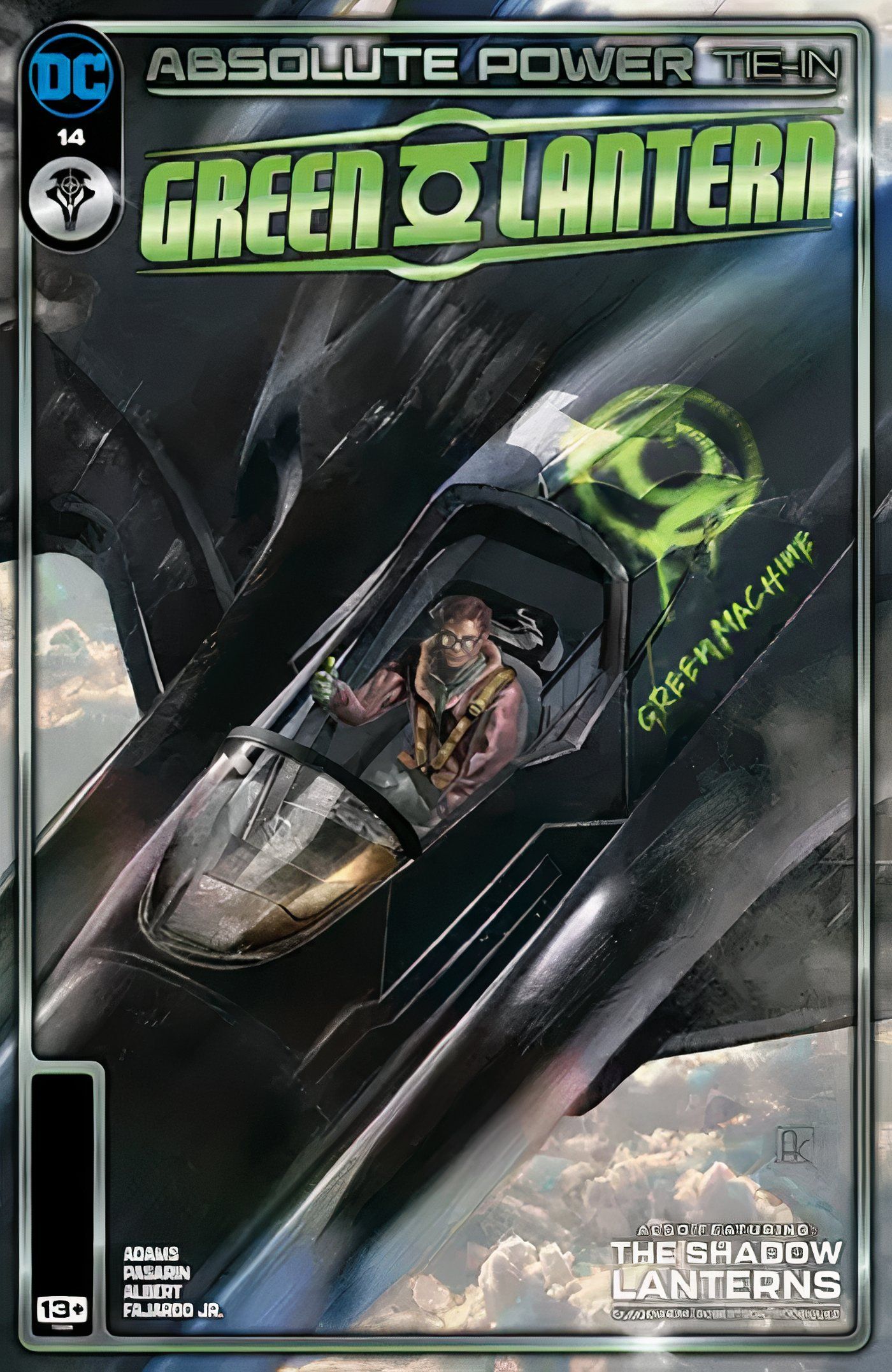 Capa principal do Lanterna Verde 14: Hal Jordan pilota um avião com o logotipo do Lanterna Verde pintado com spray.