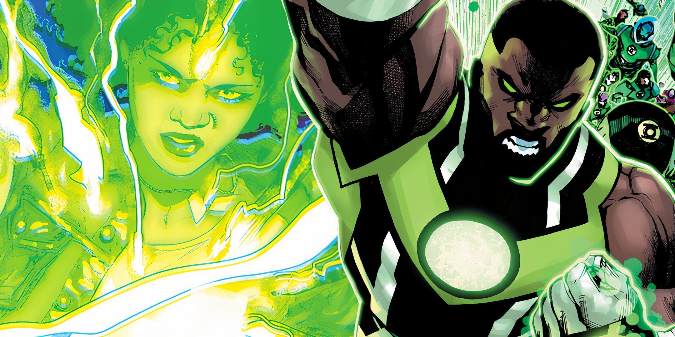 Lanterna Verde John Stewart voando ao lado de Shirley e Ellie Fusion DC em destaque