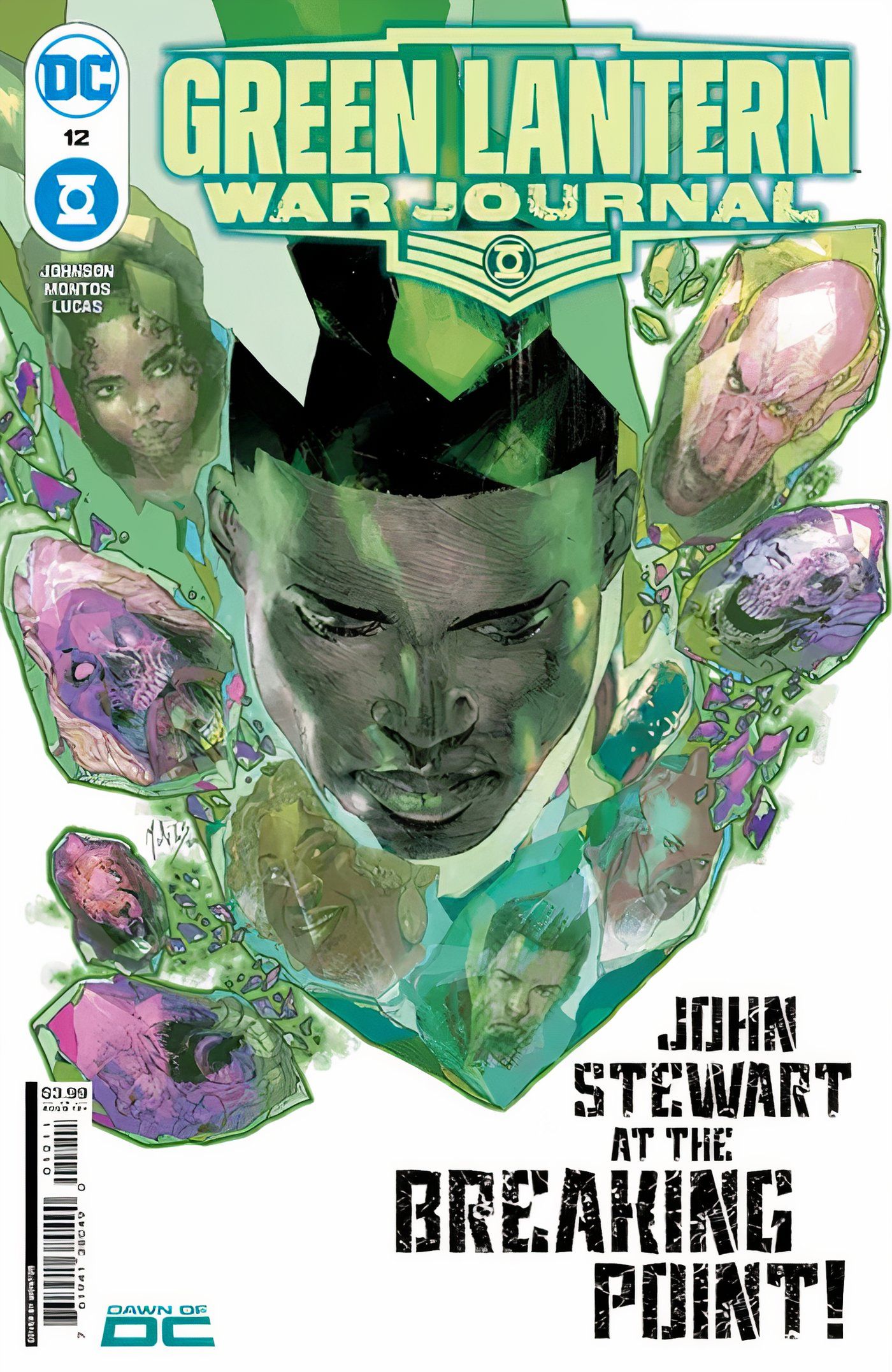 Green Lantern War Journal 12 Main Cover: John Stewart and other characters are shown in pieces of green gems.