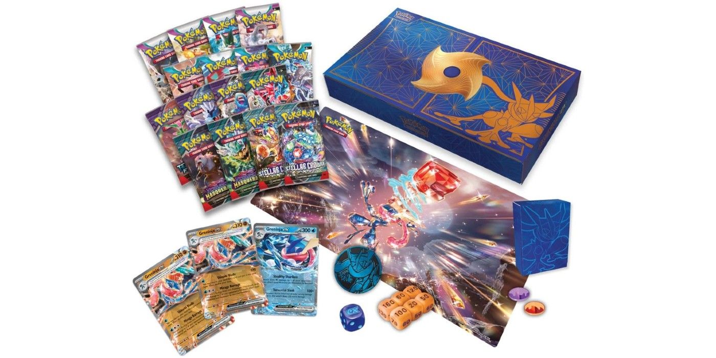 The contents of the Greninja ex Ultra-Premium Collection of the Pokémon Trading Card Game.