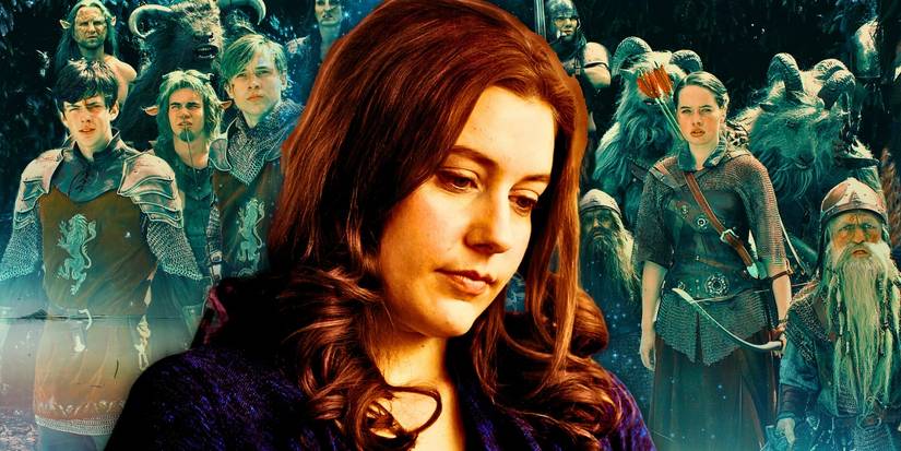 Greta Gerwig with her head bowed in front of Disney's Narnia cast