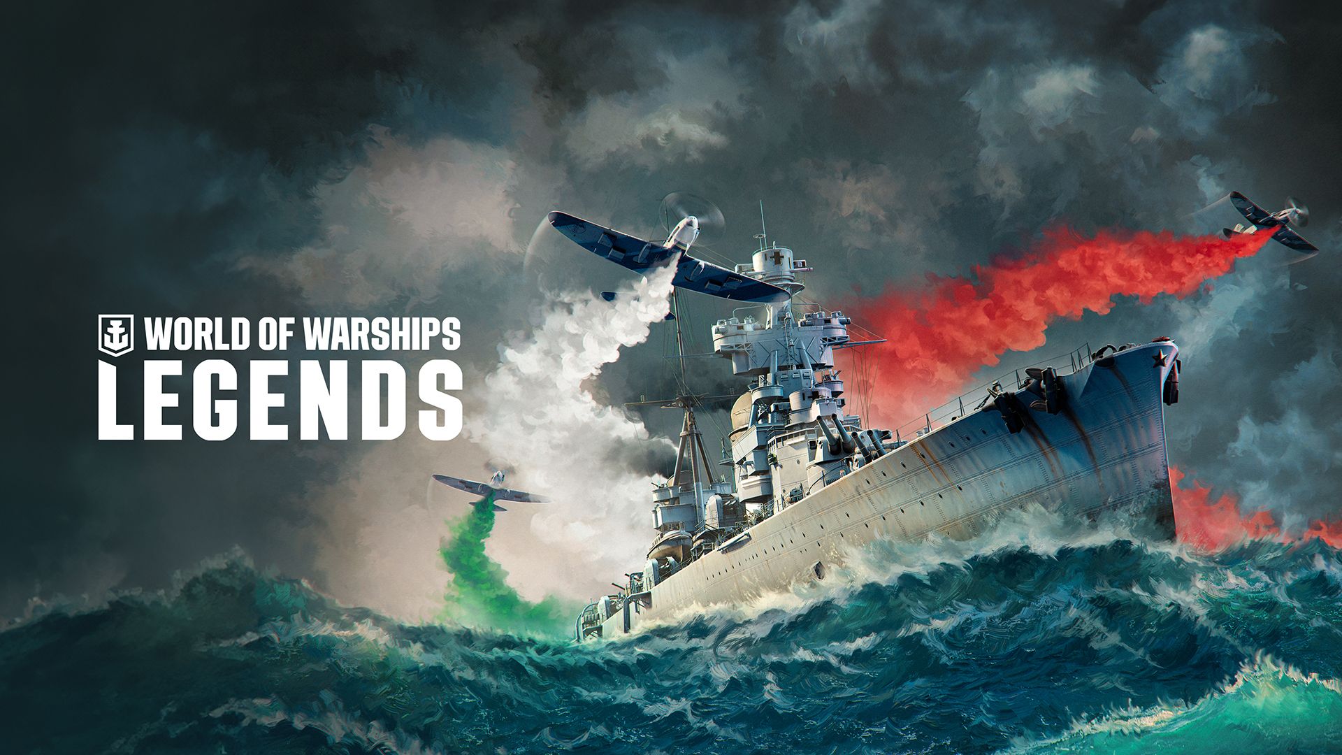 Logotipo do World of Warships: Legends em um mar tempestuoso com um navio da marinha nas ondas