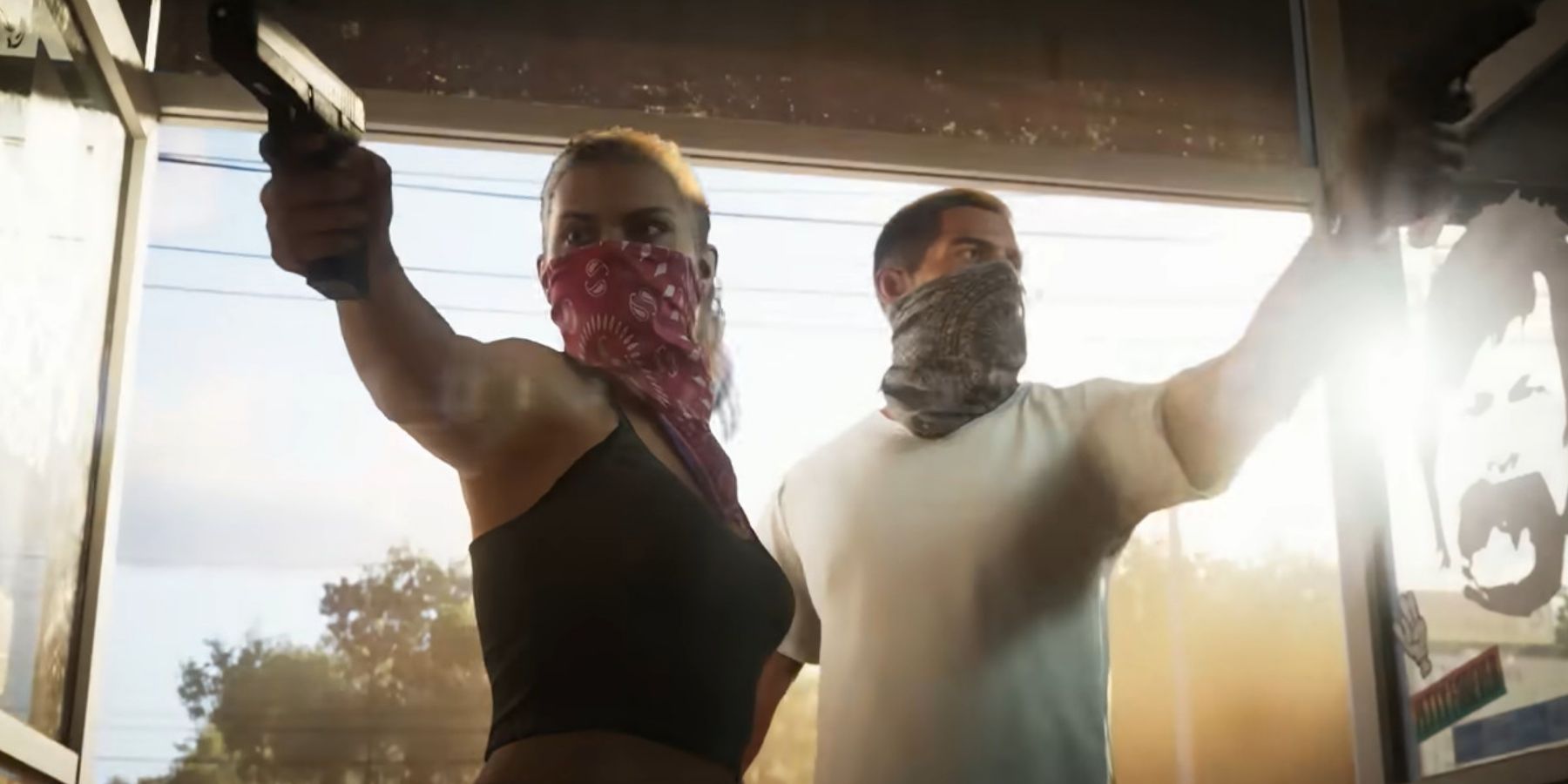 GTA 6 protagonists holding guns in the first trailer.