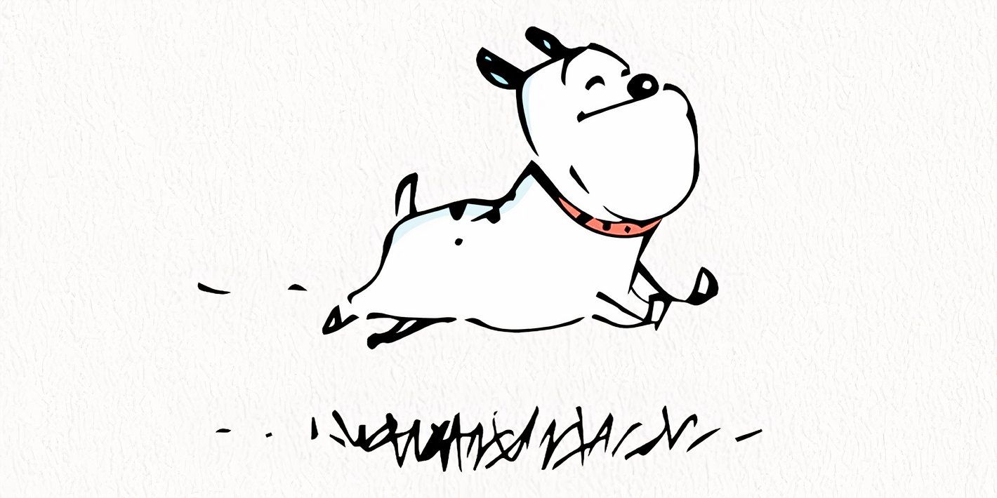 Guard dog from the comic MUTTS, prancing across the grass.