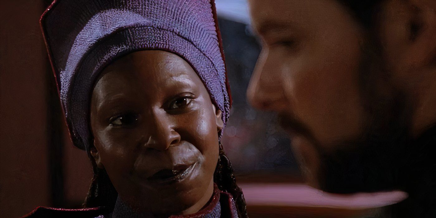 Guinan fala com o comandante Riker no episódio "The Best of Both Worlds" de Star Trek: The Next Generation