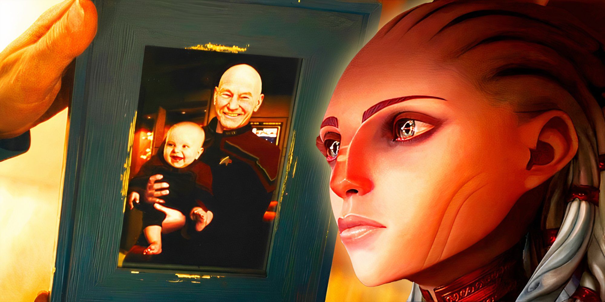 Gwyn from Star Trek: Prodigy and baby Thad Riker with Admiral Picard