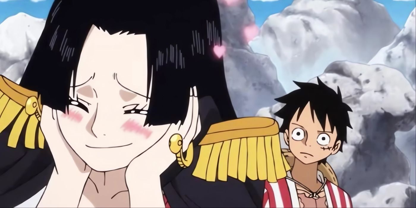 Hancock happy about being with Luffy, with the latter looking clueless as to why she is smiling. 