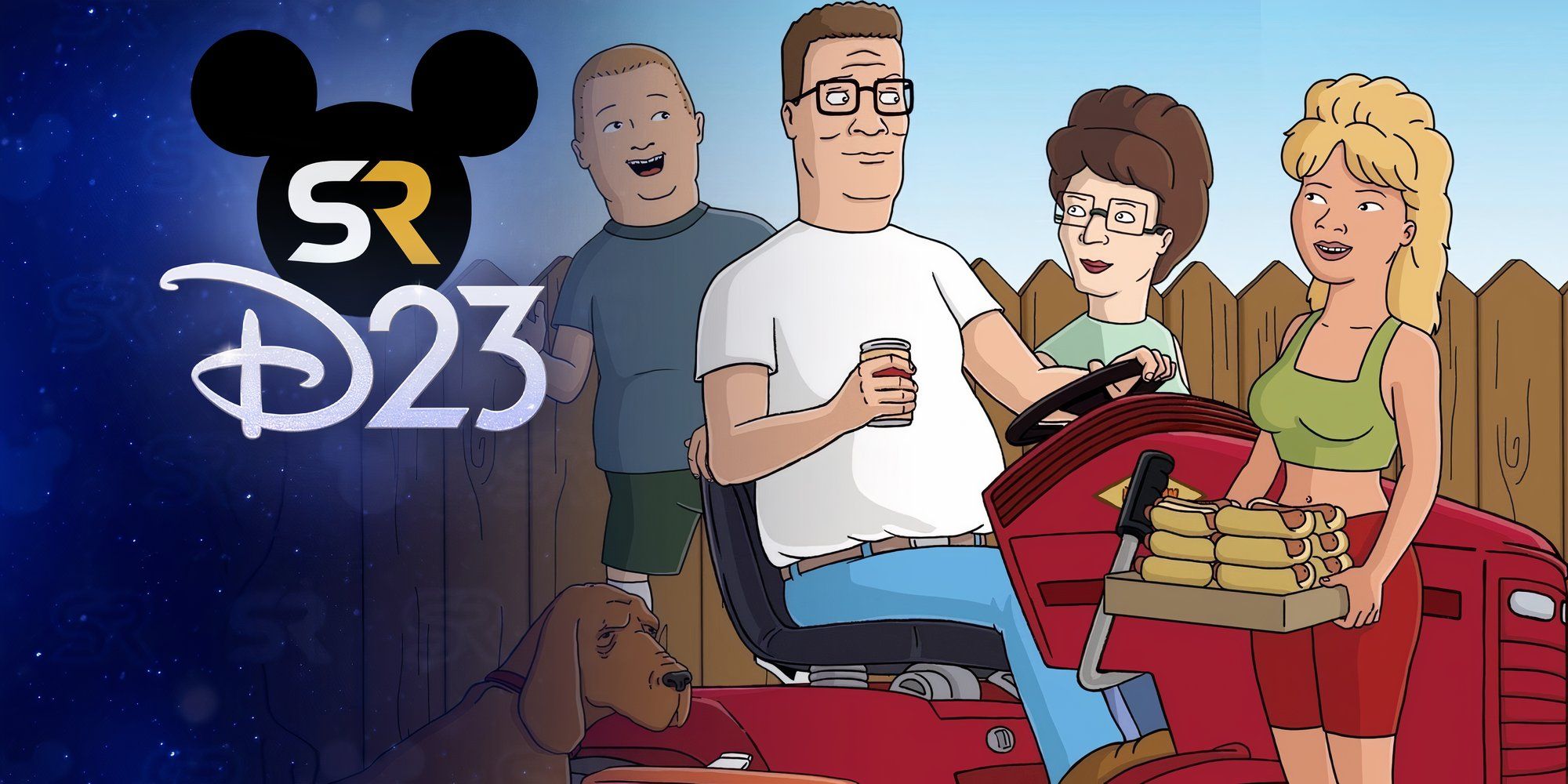 Hank riding a lawnmower with his family from King of the Hill with D23 logo overlay