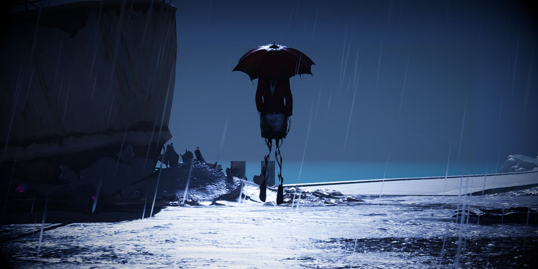 Um Rainfall Reaper na chuva em uma doca em Harborside em Once Human.