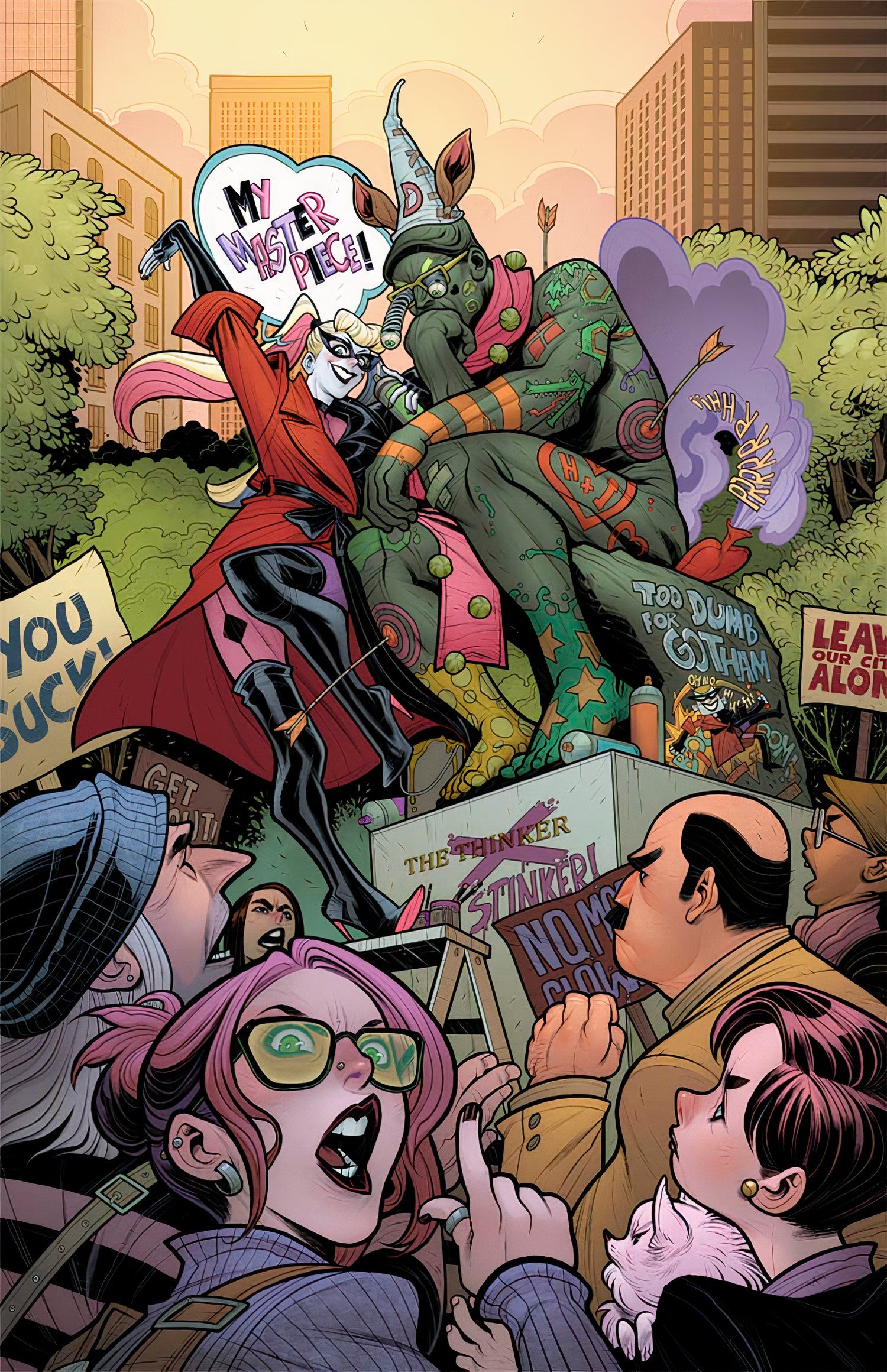 Harley Quinn 45 Capa Harley desfigurando o pensador cercado por manifestantes DC