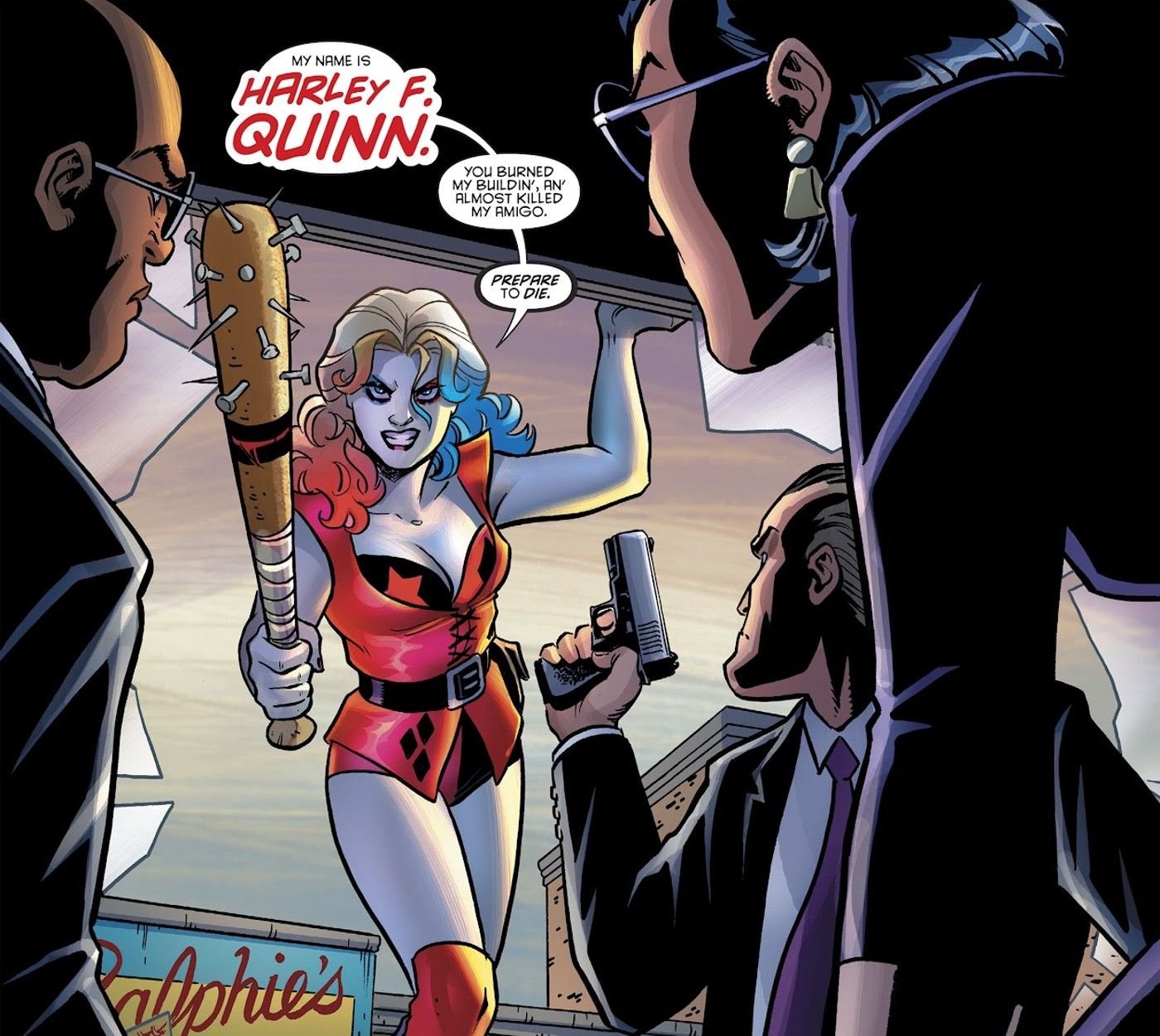 Harley Quinn attacks the Defeo Mortgage Company with a quote from The Princess Bride