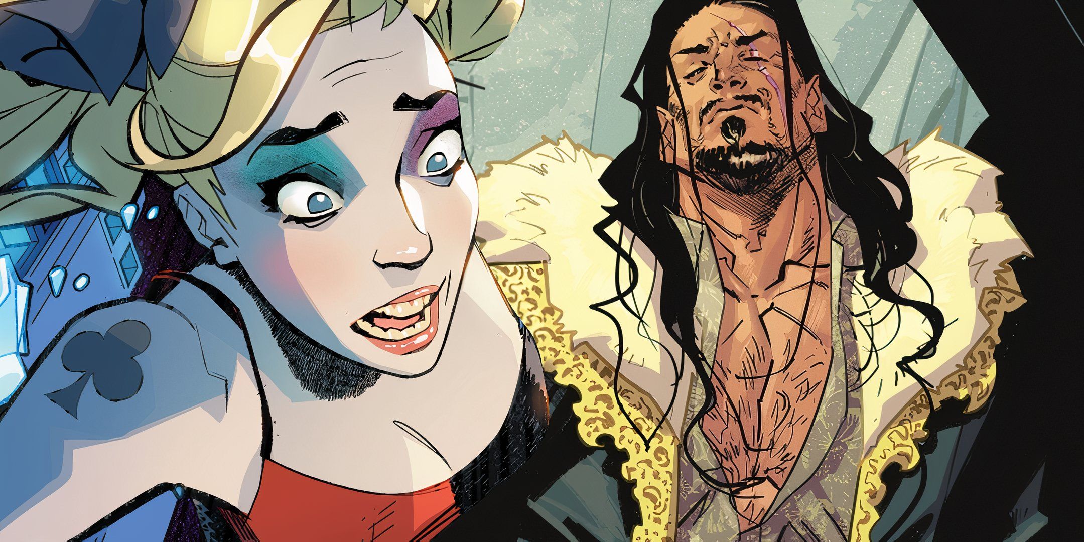 Harley Quinn engasga (à esquerda) enquanto Vandal Savage posa (à direita).